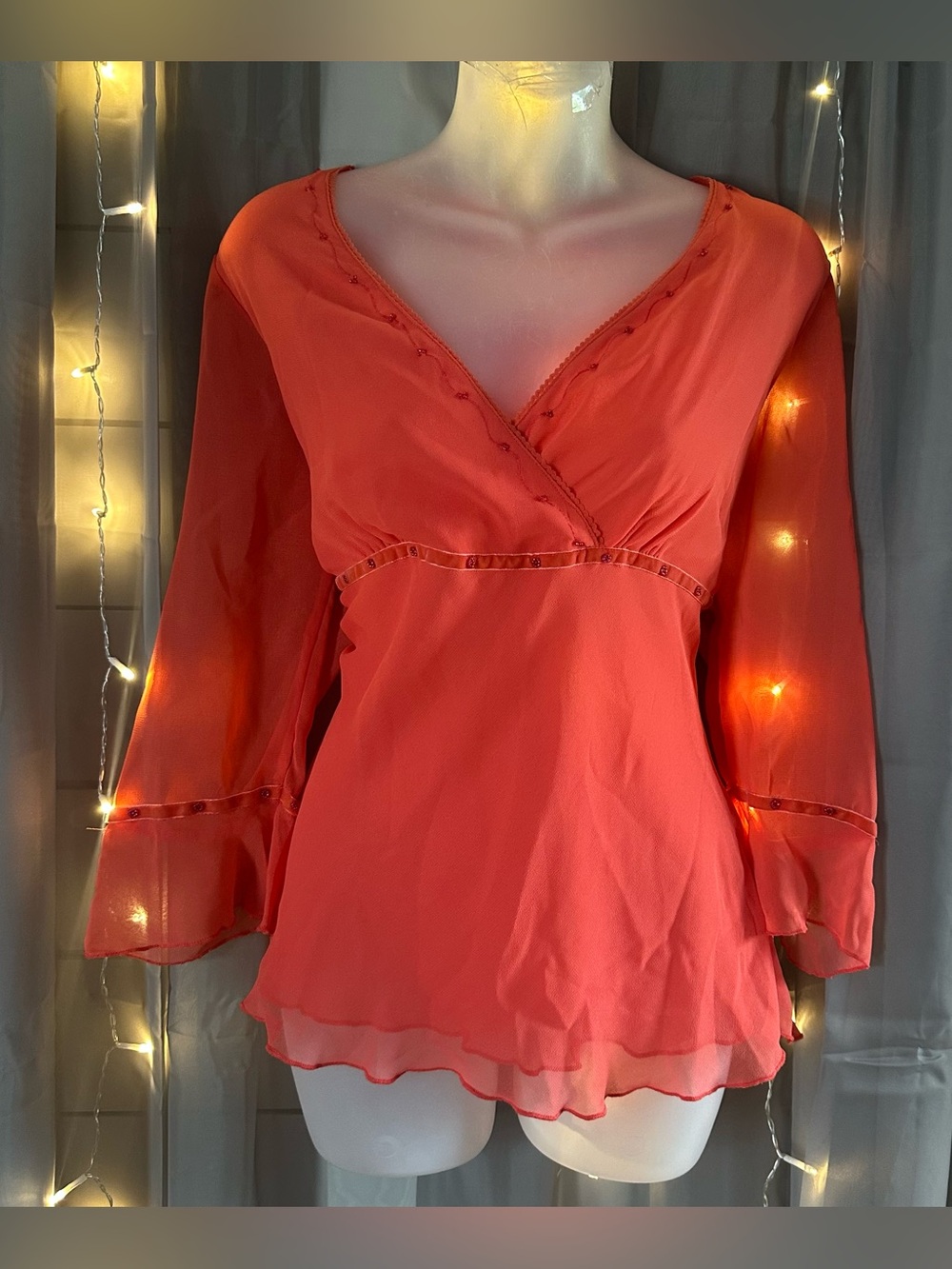 Vintage faded glory coral beaded blouse with bell sleeves Sz M fairy core